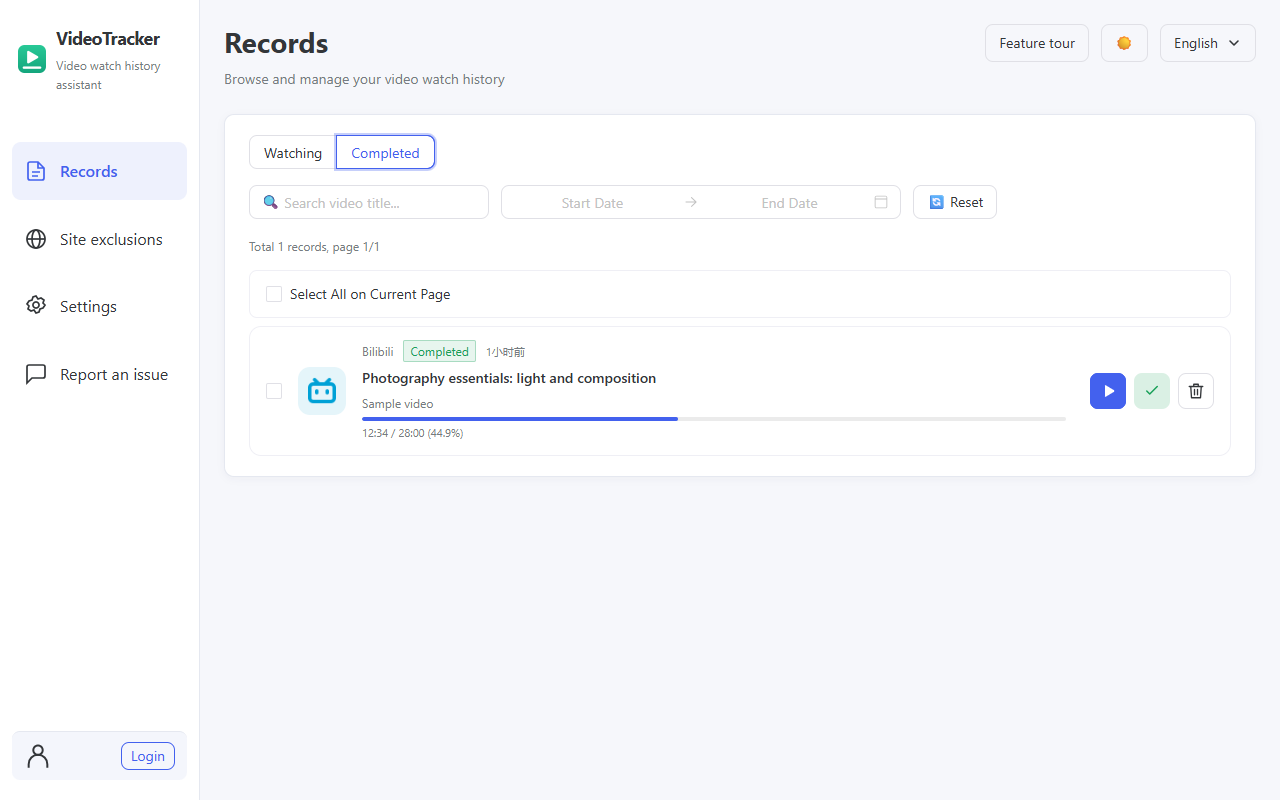 Completed records with completion status, preserved progress and watch-again action