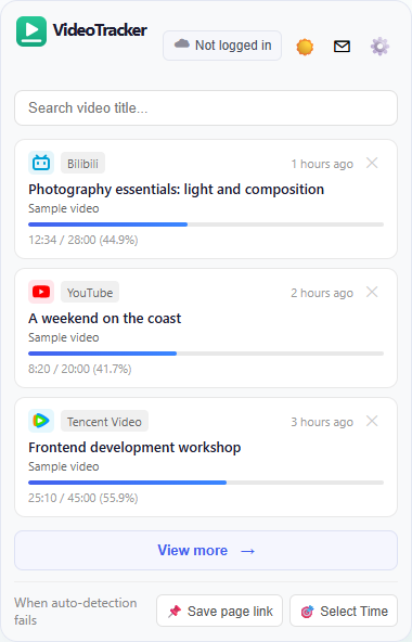 Current VideoTracker popup with unfinished videos, title search and resume